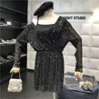 Set: Long-sleeve Star Print Dress + Slipdress Black - One Size