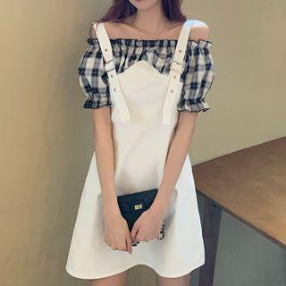 Mock Two-piece Cold-shoulder Gingham A-line Dress