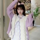 Long-sleeve Two-tone Knit Cardigan Sweater - One Size