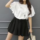 Ruffled Batwing-sleeve Letter-printed T-shirt