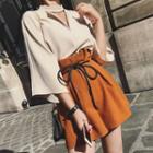 Set: 3/4-sleeve Blouse + Paperbag Waist Shorts