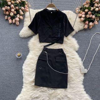 Set Of 2 : Plain Short-sleeve Top + Big-pocket Skirt