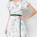 Short-sleeve Ruffled Print Midi A-line Dress