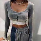 Long Sleeve Square-neck Button-up Ribbed-knit Crop Top