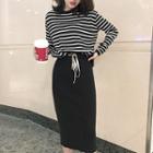 Long-sleeve Striped T-shirt / Drawstring Straight Cut Midi Skirt