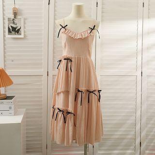 Sleeveless Ribbon-accent Ruffled Midi Dress Pink - One Size