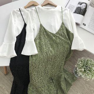 Set Of 2: Bell-sleeve Plain T-shirt + Eyelet Lace Jumper Dress