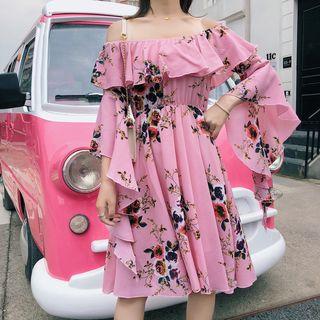 3/4-sleeve Off Shoulder Floral Print A-line Dress