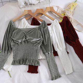 Velvet Long-sleeve Smocked Crop Top