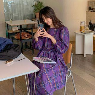 Plaid Long-sleeve Midi A-line Dress Plaid - Purple - One Size