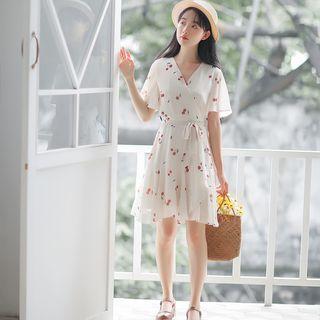 Cherry Printed Short-sleeve Chiffon Dress