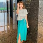 Short-sleeve Striped T-shirt / Slit Midi A-line Skirt