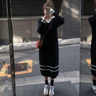 Long-sleeve Striped V-neck Knit Midi Dress