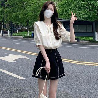 Set: Short-sleeve Plain Blouse + Wide Leg Shorts