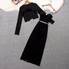 Set: Chain Camisole Top + Midi A-line Skirt + Cardigan Set - Black - One Size