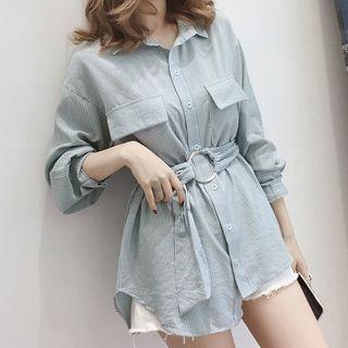 Striped Tie-waist Long-sleeve Shirt