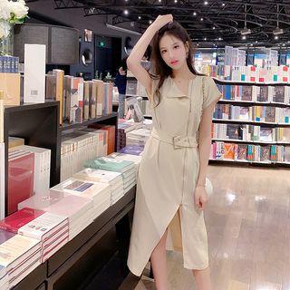 Short-sleeve Belt-waist Zipped Slit Midi Dress