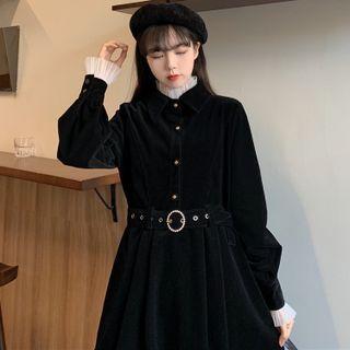 Long-sleeve Belted Midi Dress / Stand-collar Mesh Top