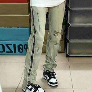 Distressed Zipper Straight Leg Jeans