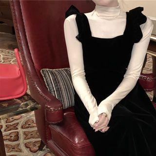 Mock-neck Long-sleeve T-shirt / Velvet Midi Overall Dress