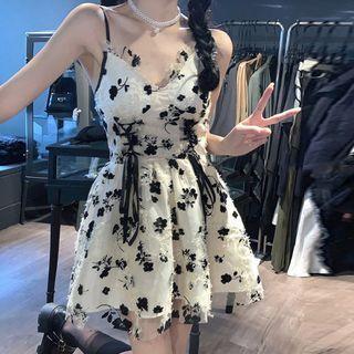 Spaghetti-strap Floral Mini A-line Dress Black Floral - White - One Size