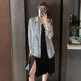 Set: Long-sleeve Leopard Print Shirt + Spaghetti Strap Midi A-line Dress