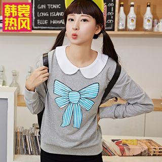 Peter Pan Collar Bow Print Long-sleeve T-shirt