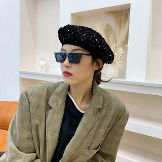Sequined Beret Hat Black - M