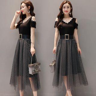 Scallop Trim Cut Out Shoulder Short Sleeve Midi Mesh Dress