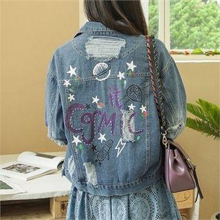 Distressed Printed Denim Jacket Blue - One Size