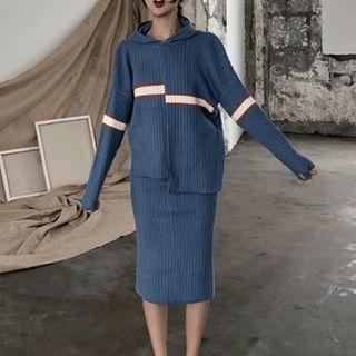 Color-block Long-sleeve Slim-fit Hooded Knit Top / Knit Skirt