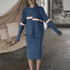 Color-block Long-sleeve Slim-fit Hooded Knit Top / Knit Skirt