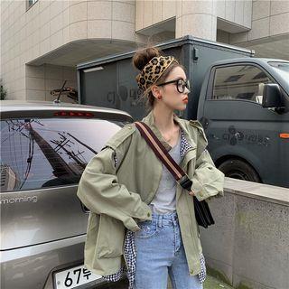 Mock Two-piece Gingham Paneled Zip Cargo Jacket