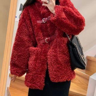 Faux Shearling Buckled Jacket Red - One Size