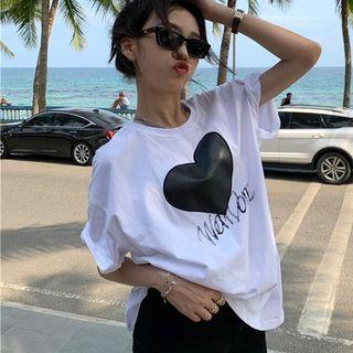 Elbow-sleeve Heart Print T-shirt Black Floral - White - One Size