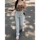 Leopard-print Knit Tube Top / Details Straight-cut Jeans