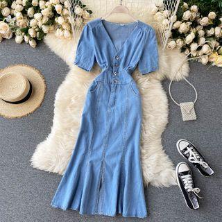 Short-sleeve Midi Mermaid Denim Dress