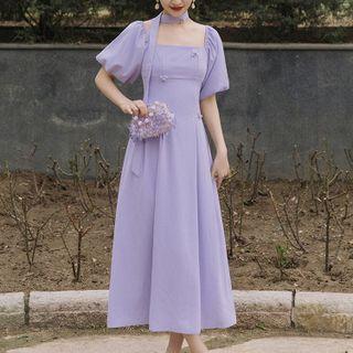 Set: Puff-sleeve Midi A-line Dress + Sash