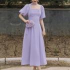 Set: Puff-sleeve Midi A-line Dress + Sash