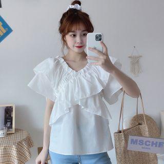 V-neck Layer Short-sleeve Blouse White - One Size