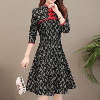 3/4-sleeve Frog Buttoned A-line Dress