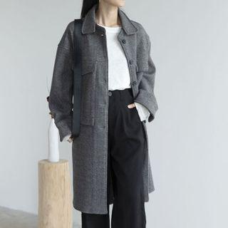 Plaid Single-breasted Midi Coat Plaid - Gray & White - One Size