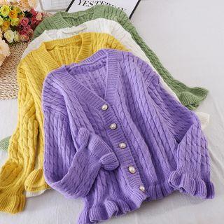 V-neck Faux Pearl Bell-sleeve Knit Jacket