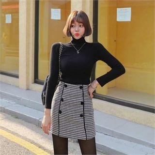 Set: Turtle-neck Knit Top + Houndstooth Miniskirt