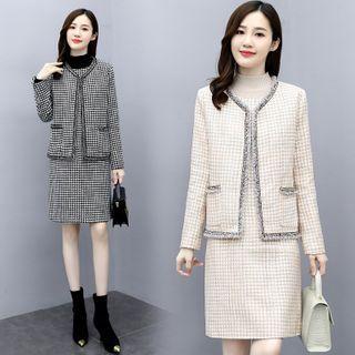 Set: Contrast Trim Houndstooth Cardigan + Sleeveless Mini Dress