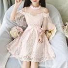 Elbow-sleeve Sheer Panel A-line Lace Dress