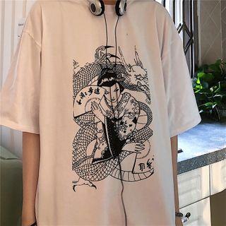 Dragon Print Elbow-sleeve T-shirt White - One Size