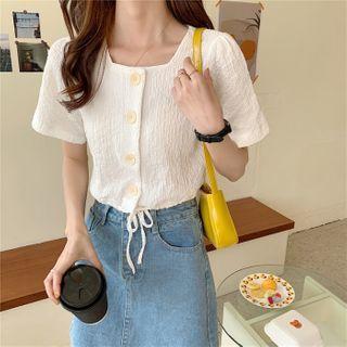 Drawstring Button-front Short Sleeve Blouse