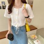 Drawstring Button-front Short Sleeve Blouse