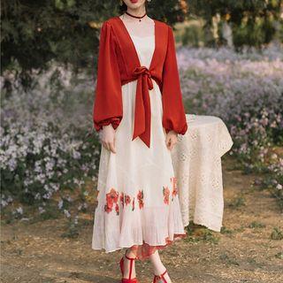 Set: Flower Print Spaghetti Strap Midi A-line Dress + Open Front Light Jacket